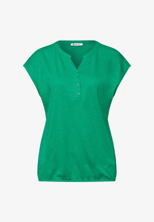 Blusa verde a maniche corte con tre bottoni sul davanti, scollo rotondo con lieve taglio a V e orlo elastico per una vestibilità comoda.