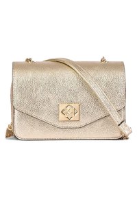 Zlatá metalická crossbody taška s texturou přírodní kůže, vybavená překlopnou klopnou, dekoračním zlatým kováním a dlouhým nastavitelným popruhem.