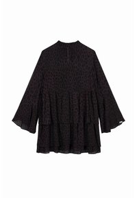 Blusa en negro y morado oscuro con volantes, mangas largas acampanadas y un cuello alto, que presenta un estampado de leopardo y una textura transparente.