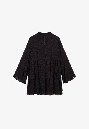 Blusa a strati nera e viola scuro con maniche lunghe a campana e un colletto alto, caratterizzata da una fantasia leopardata e una trama trasparente.