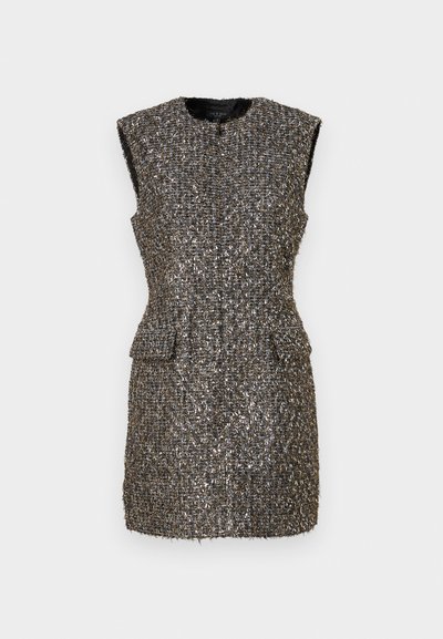 Sukienka bez rękawów w teksturowanym szarym i metalicznym materiale, z okrągłym dekoltem, dwiema przednimi kieszeniami i dopasowanym krojem.