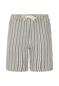 Shorts de bain rayés en noir et crème. Taille élastique avec cordon de serrage, longueur mi-cuisse, et tissu léger avec une texture fine.