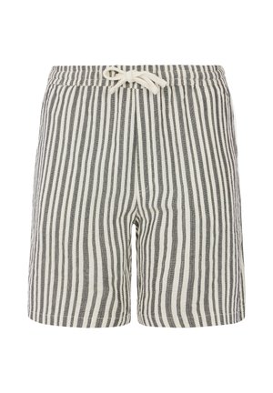 Striped swim shorts in black and cream. Elastic waistband with drawstring, mid-thigh length, and lightweight fabric with fine texture.