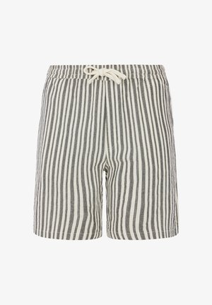 Gestreepte zwembroek in zwart en crème. Elastische tailleband met trekkoord, lengte tot halverwege de dij, en een lichte stof met een fijne textuur.