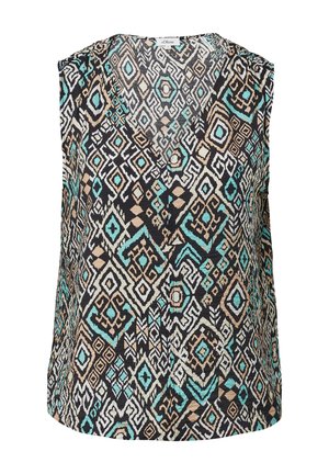 Blusa senza maniche con scollo a V. Il tessuto presenta un motivo intricato di forme geometriche in nero, turchese, beige e bianco.