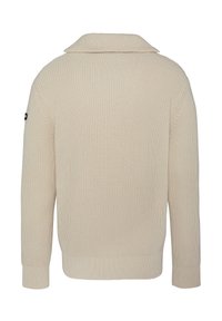 cremefarbener Pullover mit strukturiertem Strickdesign, breitem Kragen und gerippten Bündchen. Keine sichtbaren Logos oder Muster.