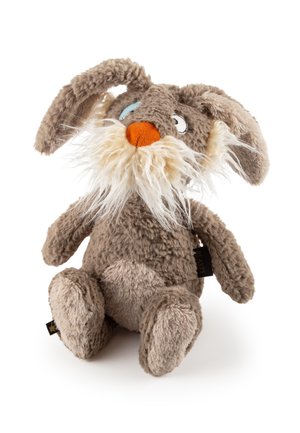 Plush brown bunny with long white beard, orange nose, floppy ears, and one blue eye, sitting against a white background.