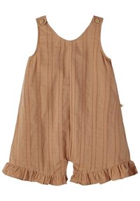 Jasnobrązowy bawełniany kombinezon z pionowymi paskami, falbaną u dołu i guzikami na ramiączkach. Miękka tekstura i casualowy design.