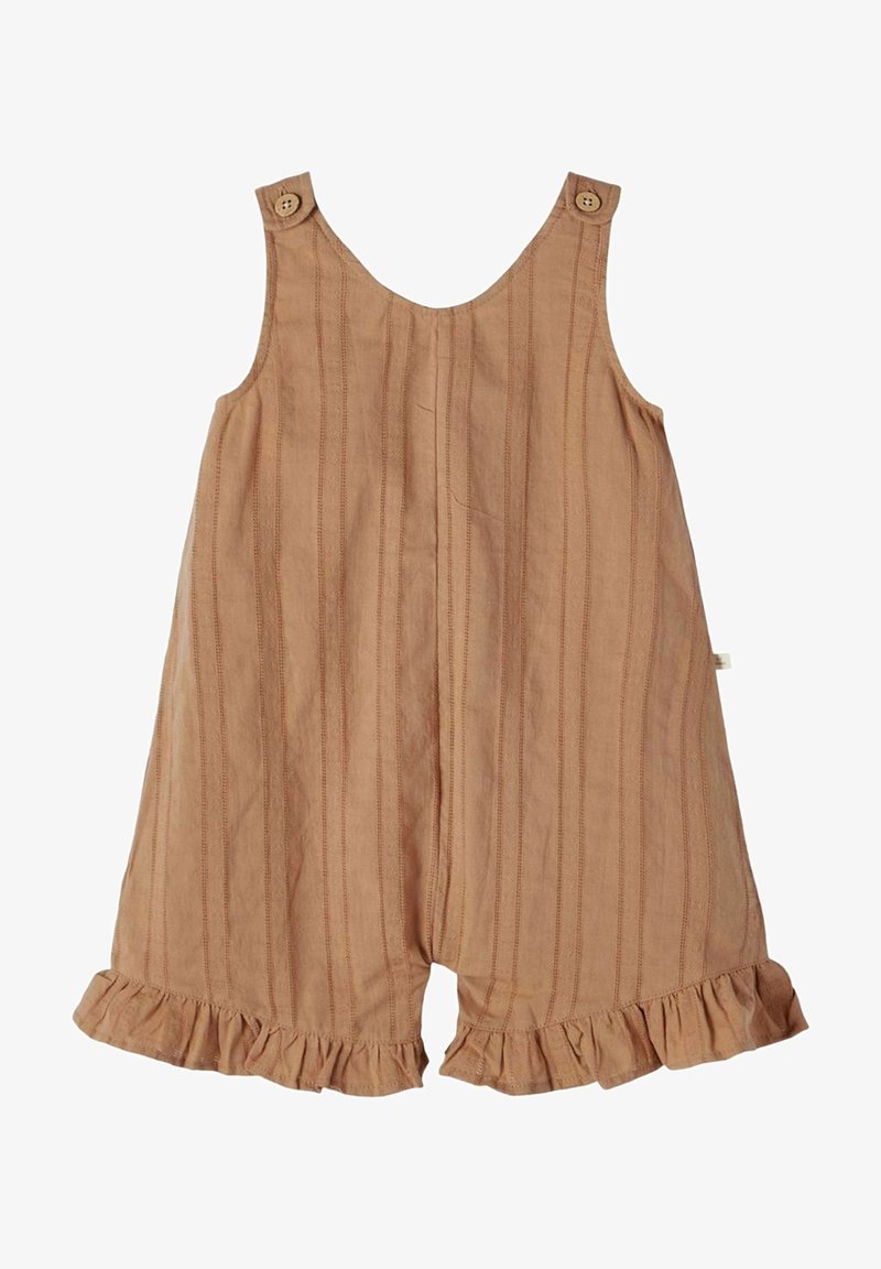 Jasnobrązowy bawełniany kombinezon z pionowymi paskami, falbaną u dołu i guzikami na ramiączkach. Miękka tekstura i casualowy design.