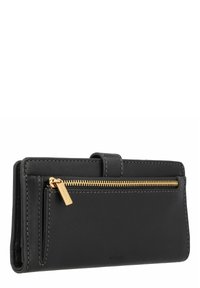 Schwarze Lederbrieftasche mit goldfarbener Reißverschlussakzentuierung, die ein schlankes Profil und Nahtdetails aufweist. Reißverschlussfach an der Vorderseite positioniert.