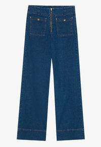 Wide-leg denim pants in dark blue, featuring two back pockets with buttons, a zip fly, and contrast stitching along the seams.