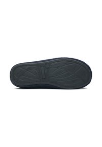 Rubber-soled slipper with a navy textured upper. Features a patterned sole for grip and flexibility, designed for comfort and warmth.