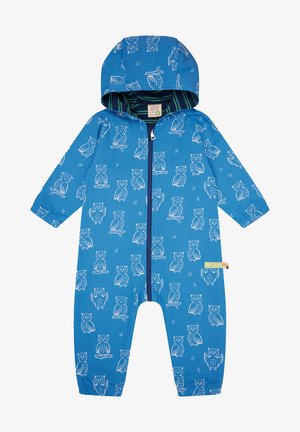 Blauer Overall mit Kapuze und weißen Eulenmotiven. Voller Reißverschluss und gestreifter Futter in der Kapuze. Hergestellt aus weichem Baumwollstoff.