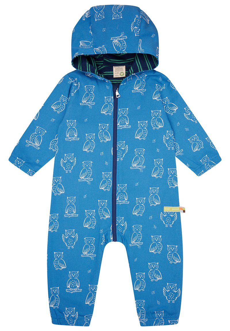 Blauer Overall mit Kapuze und weißen Eulenmotiven. Voller Reißverschluss und gestreifter Futter in der Kapuze. Hergestellt aus weichem Baumwollstoff.