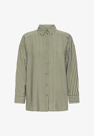 Chemise olive avec boutons, rayures verticales blanches, manches longues, col pointu et boutons de manchette à rayures horizontales.
