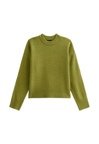 Pull tricoté vert avec un col rond, un ourlet et des poignets côtelés. La texture est douce et légèrement duveteuse, avec une coupe décontractée.