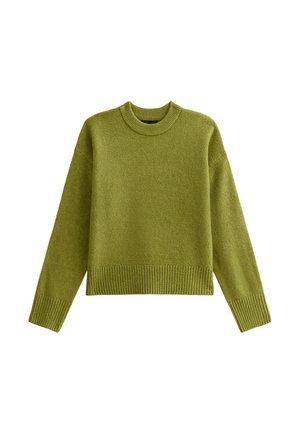 Green knitted sweater with a rounded neckline, ribbed hem, and cuffs. The texture is soft and slightly fuzzy, with a relaxed fit.
