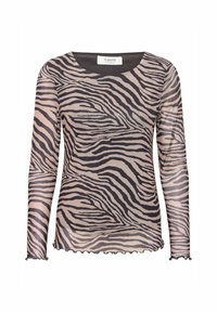 Gennemsigtig bluse med lange ærmer, der har et zebrastribet mønster i sort og beige, med en rund halsudskæring og flæsekanter ved ærmerne og taljen.