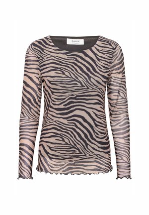 Kohokuvioitu pitkähihaisuus paita, jossa on musta-beige zebra-raita kuvio, pyöreä pääntie ja röyhelöhelma hihoissa ja vyötäröllä.