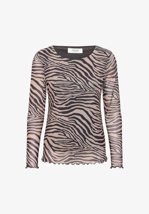 Kohokuvioitu pitkähihaisuus paita, jossa on musta-beige zebra-raita kuvio, pyöreä pääntie ja röyhelöhelma hihoissa ja vyötäröllä.