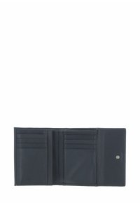 Portefeuille en cuir foncé avec plusieurs emplacements pour cartes, texture lisse et fermeture à pression. L'intérieur comprend des compartiments organisés pour les cartes et l'argent liquide.