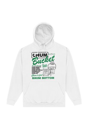 Sweat à capuche blanc avec texte vert et noir « Chum Bucket Bikini Bottom » et croquis d’un restaurant et d’un menu proposant des plats thématiques de Bob l’éponge.