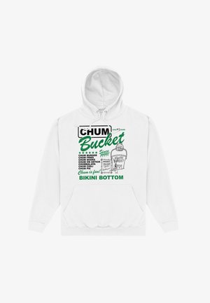 Biała bluza z kapturem z zielonym i czarnym napisem „Chum Bucket Bikini Bottom” oraz szkicami restauracji i menu z tematycznymi potrawami z SpongeBoba Kanciastoportego.