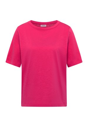T-shirt à manches courtes de couleur rose vif avec un col rond et une étiquette "Cecil" à l'intérieur du col.