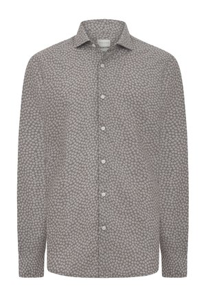 Camicia da uomo grigia a maniche lunghe con motivo floreale bianco, chiusura con bottoni e colletto classico.