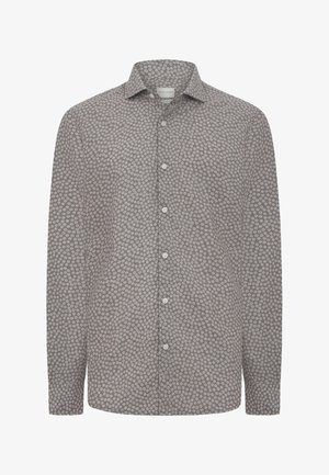 Szara koszula męska z długim rękawem, białym kwiatowym wzorem, zapinana na guziki z klasycznym kołnierzykiem.