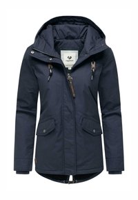 Mörkblå huva jacka med dragkedja framtill, två framfickor med lock, justerbara dragskor och ett mjukt innertyg.