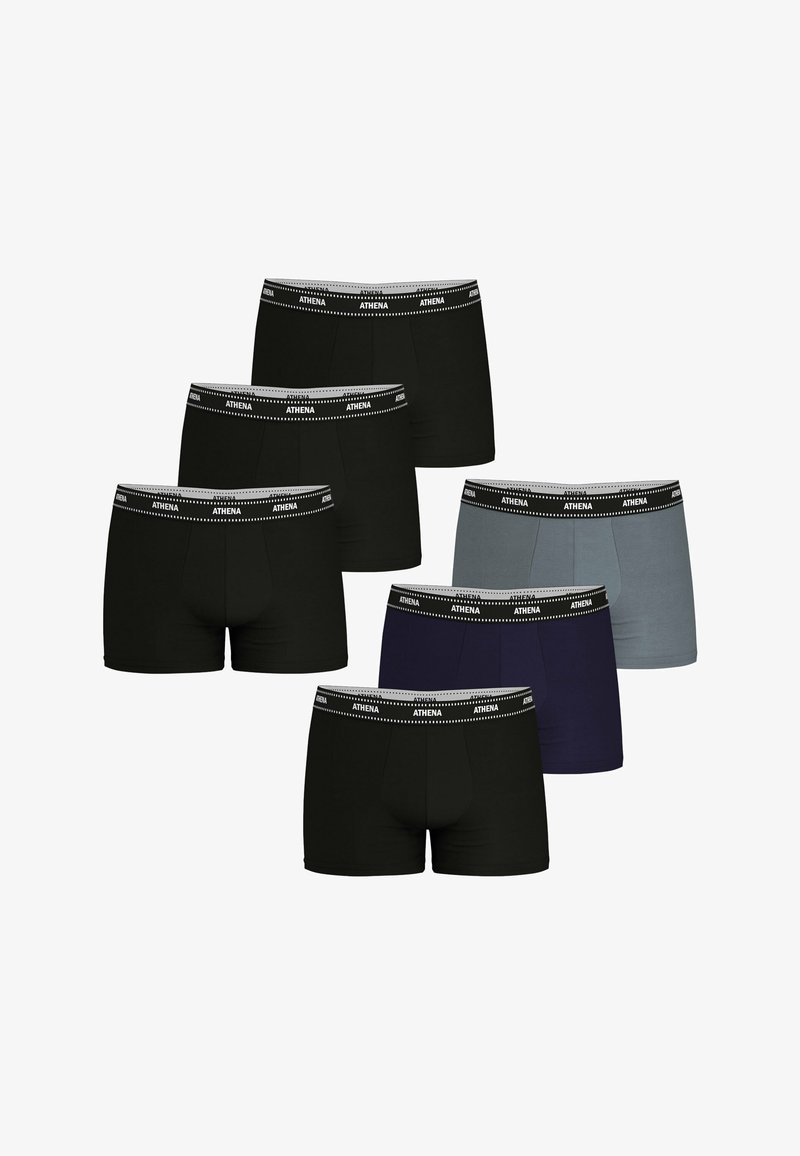 Six paires de boxers pour hommes en noir, bleu marine et gris. Caractéristiques : une taille douce avec le logo "ATHENA". Mélange de coton, avec une coupe ajustée.