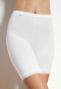 White cotton shorts with a smooth texture, featuring a decorative lace trim at the hem. Mid-thigh length with a fitted design.