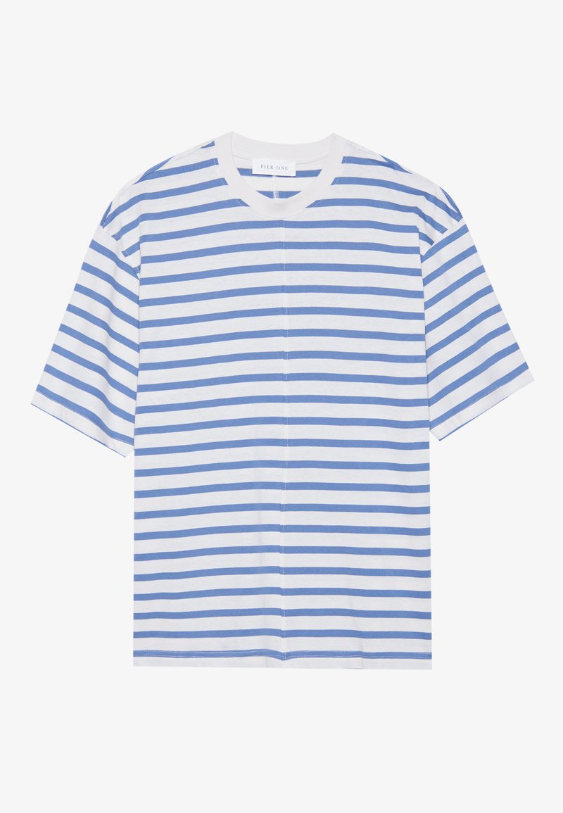 Gestreiftes T-Shirt mit kurzen Ärmeln in Blau und Weiß, aus Baumwolle gefertigt. Es hat einen runden Halsausschnitt und eine entspannte Passform mit ausgeprägten horizontalen Streifen.
