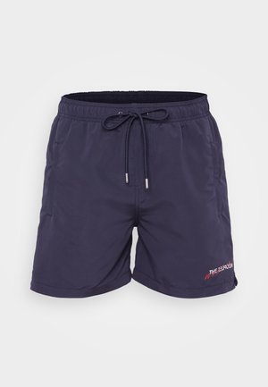 Shorts de bain bleu marine en tissu léger. Dotés d'une taille élastique avec cordon de serrage et de poches latérales. Détail de logo brodé remarquable.
