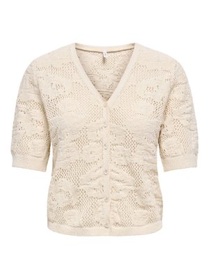 Crèmekleurig kort mouw gebreid vestje met bloemmotief in kant en parelachtige knopen aan de voorkant.