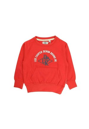 Felpa rossa con maniche lunghe, collo rotondo, tasca frontale e testo del logo stampato in bianco e blu navy. Realizzata in un morbido tessuto misto cotone.