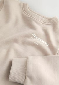 Felpa di un beige chiaro con polsini e scollo a costine. Presenta un branding in testo bianco sul davanti, una texture liscia e un design casual.