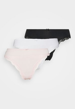 Drei Paare Damenunterhosen in Schwarz, Weiß und Hellrosa. Jede hat eine Spitzenborte und ein kleines Schleifendetail vorne.