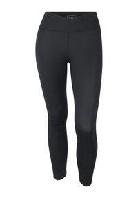 Leggings neri a vita alta con una cintura incrociata e un tessuto liscio e aderente, mostrati su uno sfondo bianco.