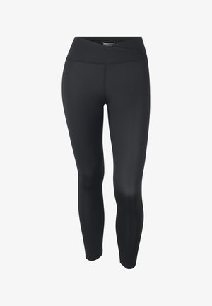 Leggings neri a vita alta con una cintura incrociata e un tessuto liscio e aderente, mostrati su uno sfondo bianco.