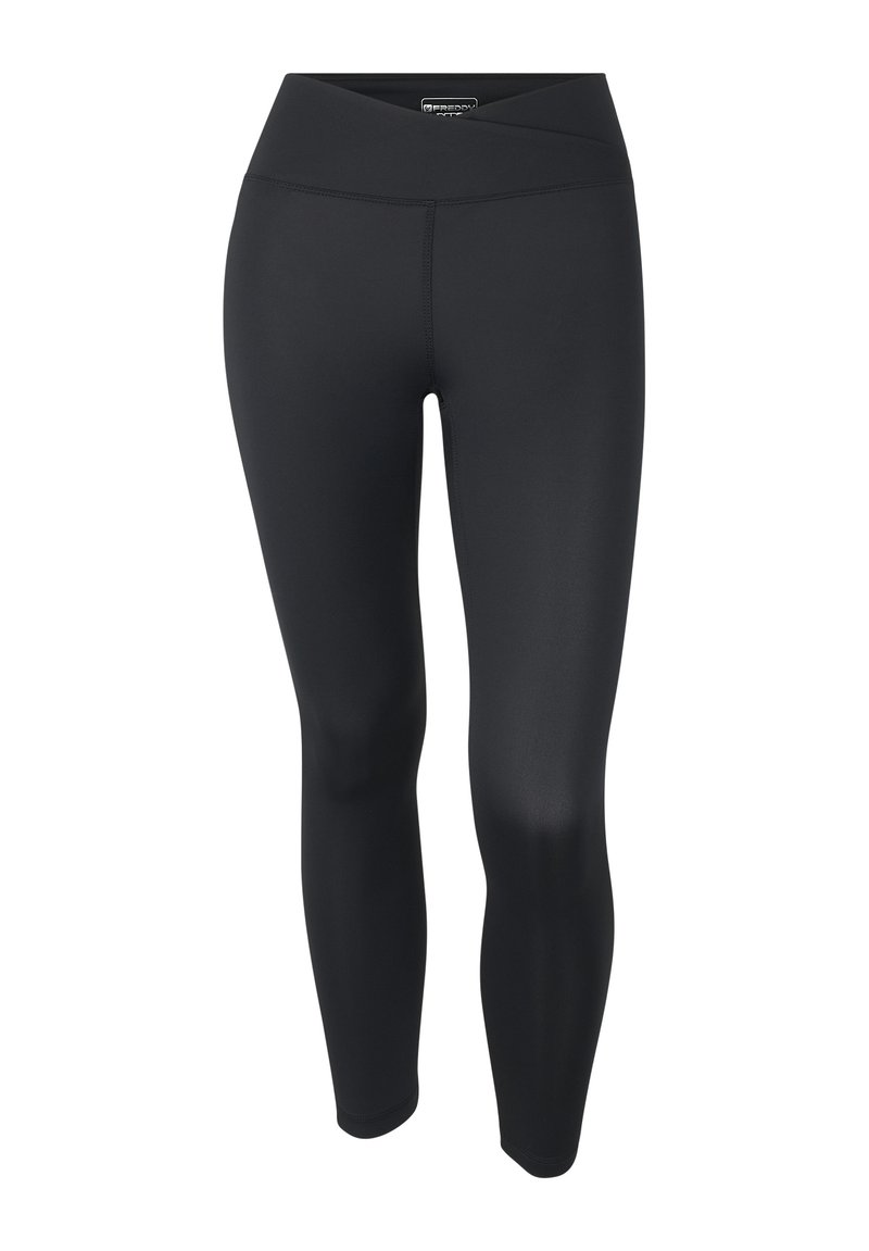 Leggings neri a vita alta con una cintura incrociata e un tessuto liscio e aderente, mostrati su uno sfondo bianco.