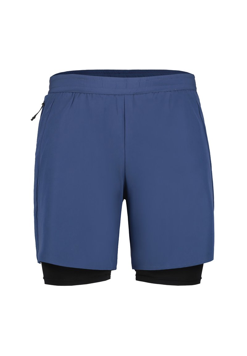 Sportliche Herren-Shorts, blaue Außenschicht, schwarze Innenauskleidung, elastischer Bund mit Kordelzug, seitliche Taschen, glatte Textur, knielang.