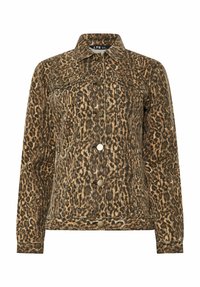 Jeansjacka med leopardmönster, klassisk krage, framknäppning med knappar, två bröstfickor och långa ärmar. Bruna och svarta nyanser.