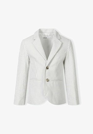 Valkoinen ja harmaa pystysuora raidallinen bleiseri, jossa on lovikäänteet, kaksi etunappia ja kaksi sivutaskua, esillä valkoisella taustalla.