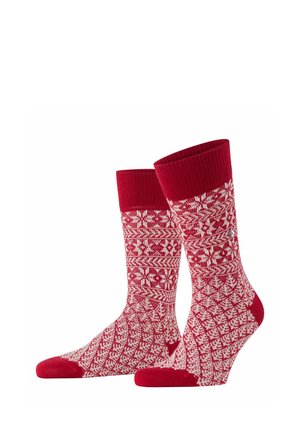 Coppia di calzini al polpaccio rossi e bianchi con motivi geometrici e floreali, con polsini, talloni e punte rosse uniti.