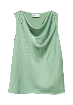 Bezrękawowa, jasnozielona satynowa bluzka z drapowanym dekoltem i metką marki "COMMA" wewnątrz kołnierzyka.