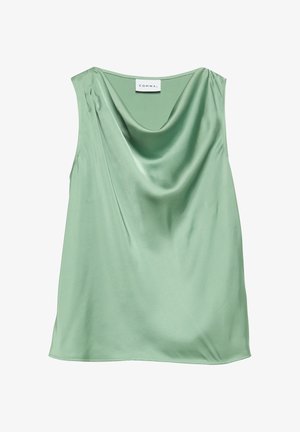 Bezrękawowa, jasnozielona satynowa bluzka z drapowanym dekoltem i metką marki "COMMA" wewnątrz kołnierzyka.