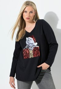 Ulla Popken KATZE, PAILLETTEN, A-LINIE, V-AUSSCHNITT, LANGARM - Langarmshirt - black