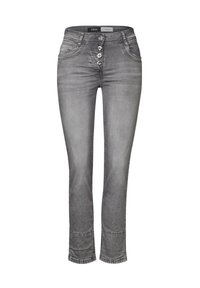 Jeans de denim gris con un diseño ajustado, cierre de cinco botones y un ligero desvanecimiento. Incluye bolsillos traseros clásicos y detalles de dobladillo sin terminar.